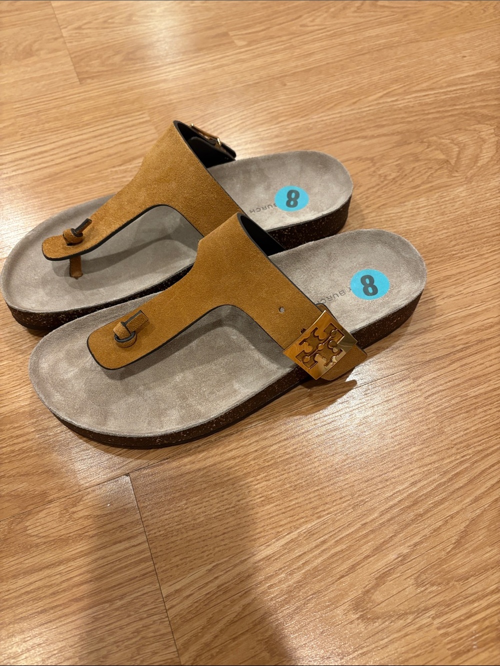 Women’s Tan Suede Thong Sandals with Logo Accent